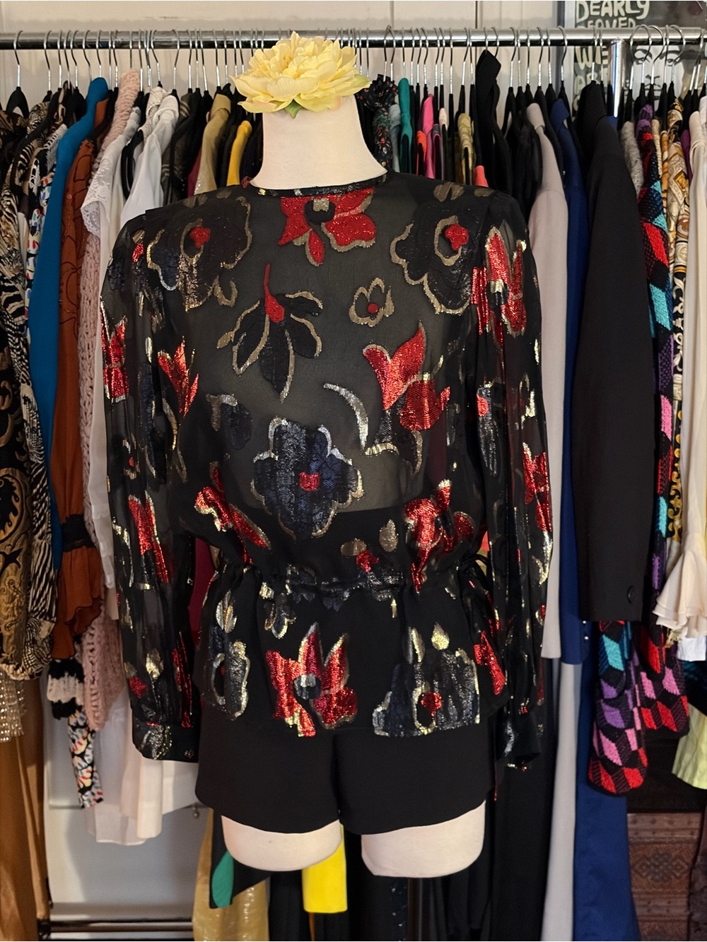 Metallic Floral Sheer Peplum Blouse - Black with Red & Gold Accents